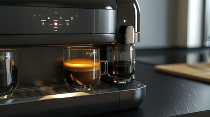 An advanced espresso machine pouring rich, creamy coffee into two clear glass cups, sitting on a refined kitchen countertop with soft lighting in the background.