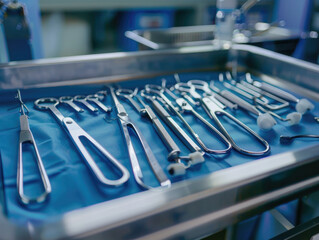 Close-up of sterile medical instruments laid out on a tray