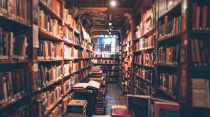 A bookstore with shelves and readers all softly out of focus, creating a dreamlike sanctuary of knowledge