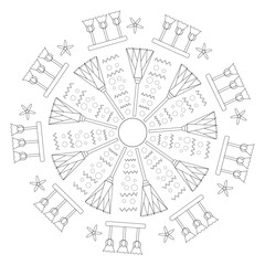 Obraz premium Black and white mandala on a transparent background in Egyptian style. Egyptian style round design pattern with flowers and zigzags. Vector image on a transparent background 