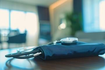 A clean image of a blood pressure cuff resting on a table, symbolizing routine health checks