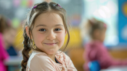 A primary school girl smiles brightly in her classroom, radiating happiness.
