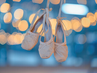 A pair of ballet shoes hanging against a blurred dance studio