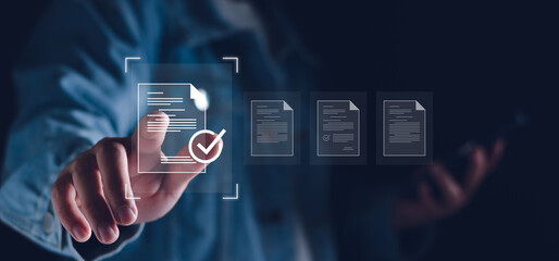 Document management system concept. Businessman manage digital business data, file storage, database document and file collection. Technology software computer manage file document business company.