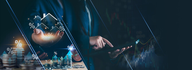 Interest rate and dividend concept, Business man with business growth percentage symbol and up...