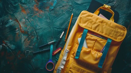 Photo shows a bright yellow backpack and various school supplies like markers, and notebooks arranged on a textured surface, representing readiness for school.