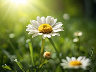 Fototapeta premium A single daisy flower blooms in the sunlight on a green meadow, with other daisies out of focus in the background
