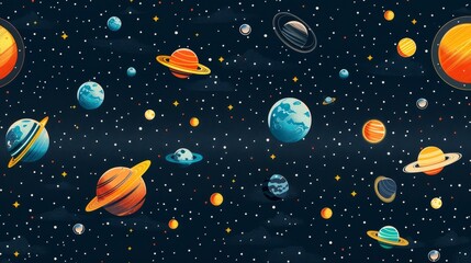 Retrofuturistic seamless space pattern with planets and stars