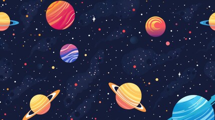 Colorful planets and stars in a seamless space pattern