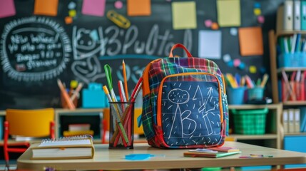 Fototapeta premium A bright colorful backpack with a creative pattern rests on a desk, accompanied by a pencil holder full of pencils, set in an active classroom environment with a decorated chalkboard.