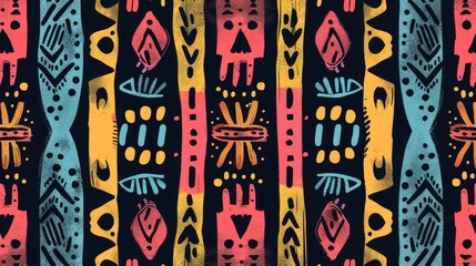 Hand-Painted African Tribal Ethnic Seamless Pattern with Bright Colors