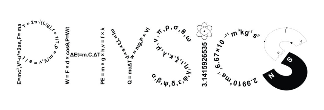 Physics written by formulas and constants, numbers, creative physics art background, text art physics banner