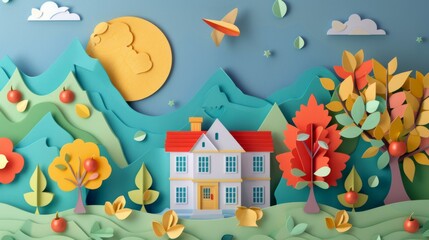 Fototapeta premium A cheerful paper art landscape featuring a house, clouds, trees, and mountains in bright colors, evoking a sense of home and warmth through stylized and whimsical design.