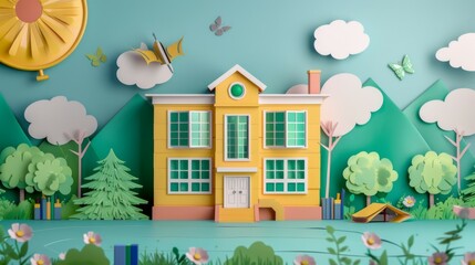 A cheerful, illustrated school building surrounded by nature, showcasing bright colors, trees, and...