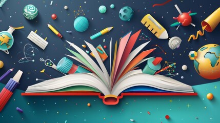 An open book from which different scientific concepts and items such as test tubes, atoms, and molecules emerge, representing knowledge and discovery through scientific exploration.