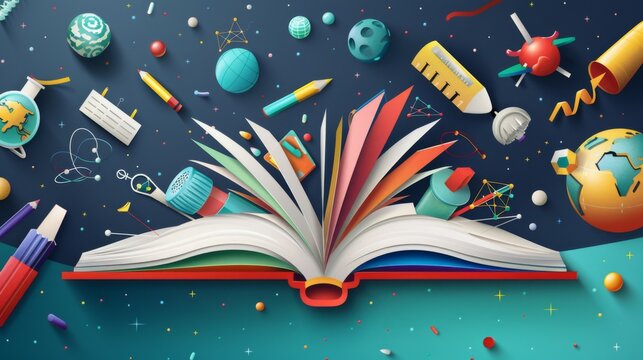 An open book from which different scientific concepts and items such as test tubes, atoms, and molecules emerge, representing knowledge and discovery through scientific exploration.