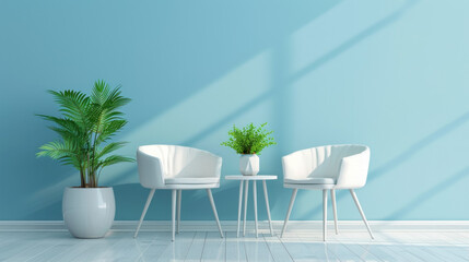Fototapeta premium Minimalist Living Room Interior Design with White Chairs and Pla