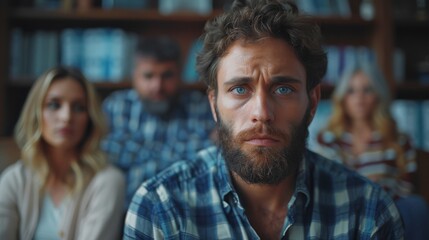 Obraz premium Intense Group Therapy Session with Focused Attention on Troubled Individual. Generative ai