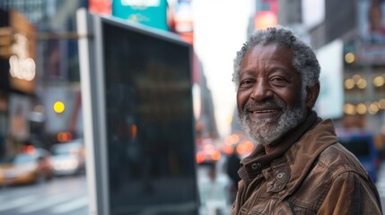 Obraz premium Portrait of Multiracial Senior Man in Urban Setting, Capturing Smiles and City Life. Background features blurred city lights and busy streets. Generative ai