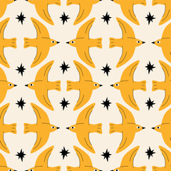 Bird and star seamless pattern. Yellow bird and black stars. Vector illustration for wrapping paper, fabric, cover, case, background.