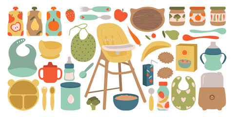 Baby first food big set. high chair, bottle, sippy cup, silicone plate, porridge, fruit, jar, puree, dishes, bib. Kitchen equipment concept. Isolated vector illustration