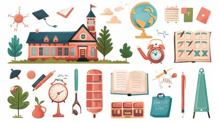 Naklejka premium An inviting schoolhouse scene surrounded by an array of educational tools including a globe, books, clock, and art supplies, capturing the essence of learning and discovery.