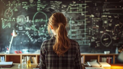A young student with a plaid shirt facing a chalkboard full of mathematical notations, illustrating the themes of education, learning, and intellectual engagement.