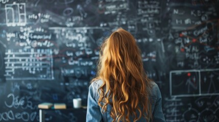 A red-haired woman stands facing a chalkboard packed with complex equations, demonstrating themes of knowledge, intellectual challenge, and academic diligence.
