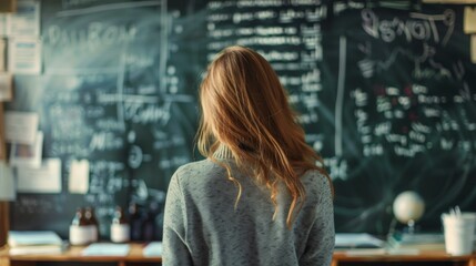 A woman with loose hair stands facing a chalkboard filled with various mathematical equations, denoting the intellectual and academic pursuit of solving complex problems.