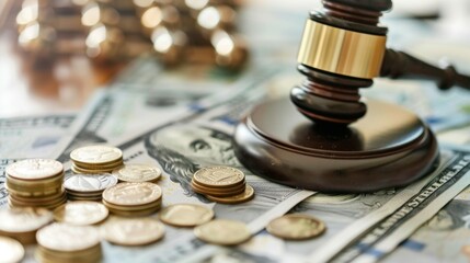 A gavel rests on a pile of US dollar bills and coins, symbolizing the connection between legal rulings and financial consequences. The elements represent the intersection of law and finance.