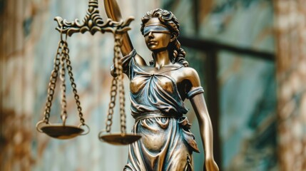 Fototapeta premium A bronze statue of Lady Justice holding scales, representing fairness, balance, and impartiality, situated in a grand courthouse hallway with marble background.