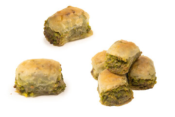 Turkish pistachio baklava isolated on white background.
