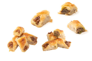 Delicious sweet baklava with walnuts isolated on white background.