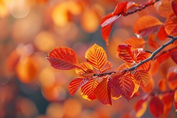 Obraz premium Close-up of radiant red autumn leaves backlit by the warm glow of sunlight