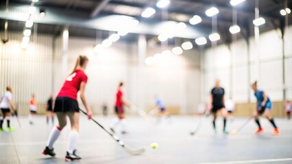 Field Hockey Blur - Blurred background of a field hockey game with players and goals.

