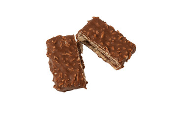 Chocolate coconut wafer bar isolated on white background.