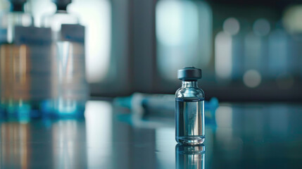 A minimal shot of a vaccine vial with a blurred syringe in the background