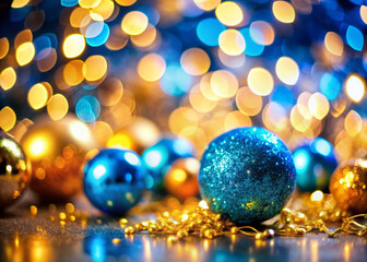 Fototapeta premium Vibrant blue and gold bokeh sparkles against a festive background, evoking magical holiday cheer for Christmas and New Year's celebrations, perfect for seasonal designs.