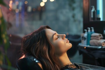 Fototapeta premium A hairdresser in a beauty salon performing hair care procedures, ensuring client's hair looks healthy and beautiful.