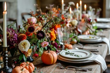 Festive table setup featuring vibrant autumn flowers, candles, and pumpkins for a seasonal celebration