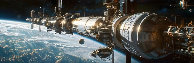  Futuristic solar planet with a complex network of spaceports and docking stations, bustling with activity 