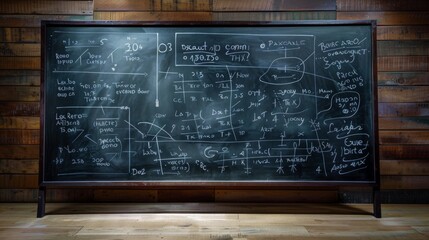 A wooden-framed blackboard showcasing numerous mathematical equations, geometric shapes, and scientific symbols, reflecting an environment of academic rigor and study.
