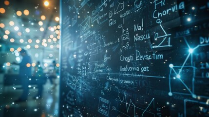 A futuristic setting featuring a chalkboard filled with mathematical equations, chemical formulas, and scientific symbols, illuminated with glowing lights, symbolizing modern scientific exploration.