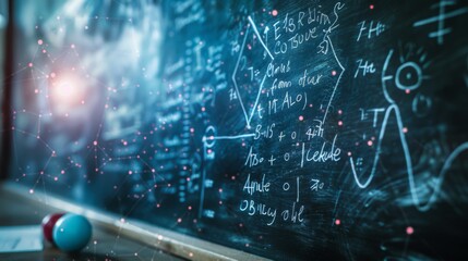 A chalkboard featuring various equations and scientific elements, illuminated by a futuristic glow, representing the synthesis of traditional education with modern technological innovation.