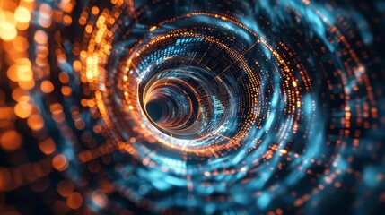 Abstract digital harm depicted as a swirling vortex of corrupted data, Tech Art, Illustration, Cool tones, High energy