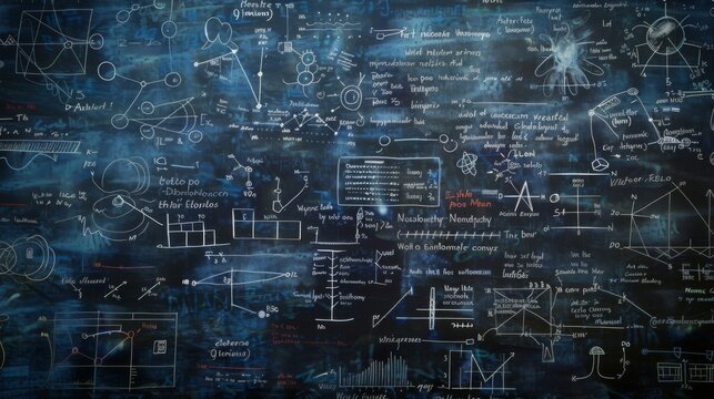 A cluttered chalkboard filled with elaborate scientific diagrams, formulas, and writings, representing detailed scientific research, study, and discovery process.