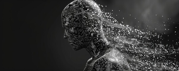 Fototapeta premium A human figure dissolving into pixelated fragments, symbolizing the impact of digital harm, Scifi, Illustration, Monochromatic, High detail