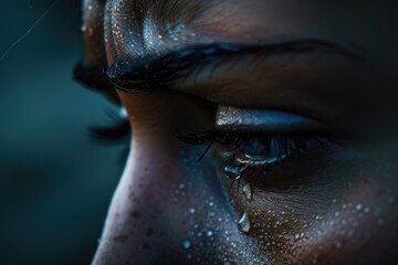 Close-up of a person's tear-filled eyes and wet face, capturing an emotional moment. Eyebrows are furrowed, and tears are evident on the lashes and skin.