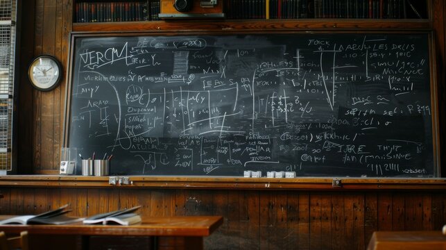 This image shows a classroom blackboard densely packed with complex mathematical calculations, diagrams and notes, reflecting a concentrated academic environment. - Powered by Adobe