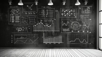 A detailed chalkboard filled with graphs, scientific concepts, and mathematical equations, illustrating data analysis and scientific exploration in a classroom or lab.